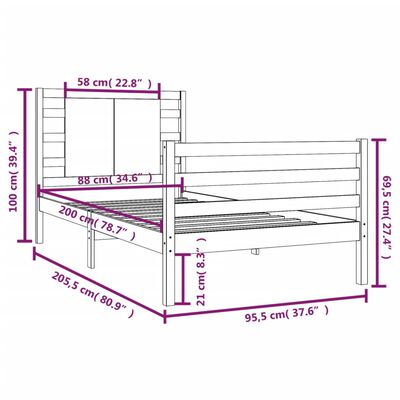 vidaXL Rama łóżka, czarna, lite drewno sosnowe, 90 x 200 cm