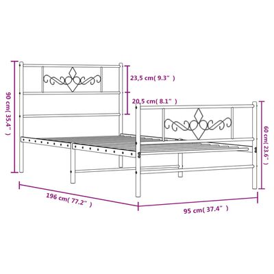 vidaXL Metalowa rama łóżka z wezgłowiem i zanóżkiem, biała, 90x190 cm