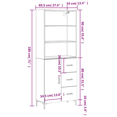 vidaXL Witrynka, szarość betonu 69,5x34x180 cm materiał drewnopochodny