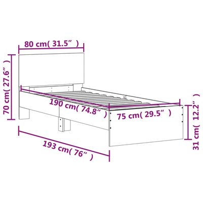 vidaXL Rama łóżka z wezgłowiem i LED, brązowy dąb, 75x190 cm