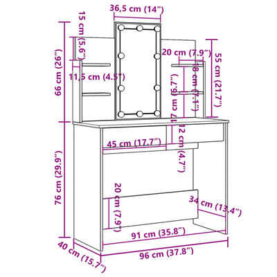 vidaXL Toaletka z oświetleniem LED, brązowy dąb, 96x40x142 cm