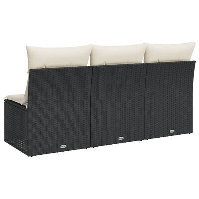 vidaXL Sofa ogrodowa z poduszkami, 3-osobowa, czarna, polirattan