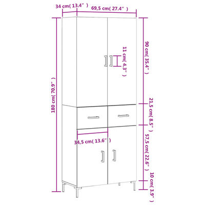 vidaXL Witrynka, szarość betonu 69,5x34x180 cm materiał drewnopochodny