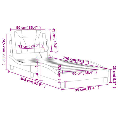 vidaXL Rama łóżka z LED, szara, 90x190 cm, sztuczna skóra