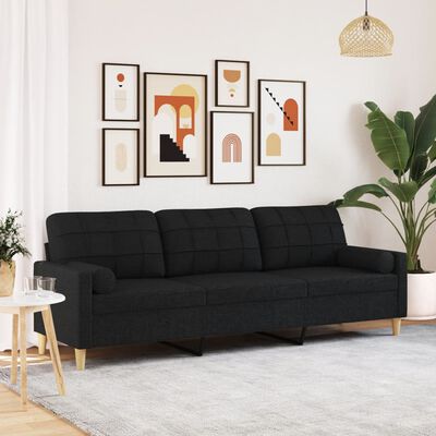 vidaXL 3-osobowa sofa z poduszkami, czarna, 210 cm, obita tkaniną