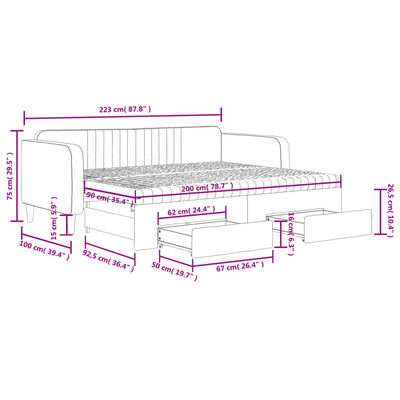 vidaXL Sofa rozsuwana z szufladami, jasnoszara, 90x200 cm, aksamit