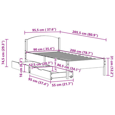 vidaXL Rama łóżka bez materaca, biała, 90x200 cm, lite drewno sosnowe