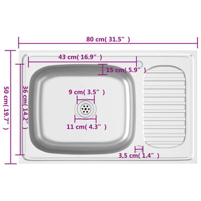 vidaXL Zlew kuchenny z ociekaczem, srebrny, 800x500x155 mm, stal