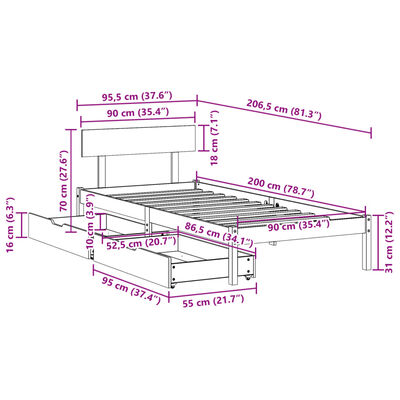 vidaXL Rama łóżka bez materaca, biała, 90x200 cm, lite drewno sosnowe