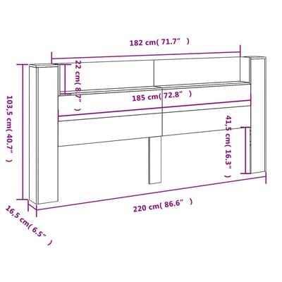 vidaXL Zagłówek z półką i LED, szary dąb sonoma, 220x16,5x103,5 cm