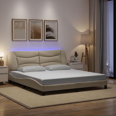vidaXL Rama łóżka z LED, kremowa, 180x200 cm, tkanina