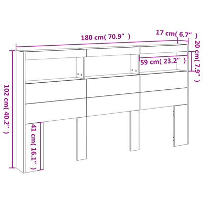 vidaXL Zagłówek z półkami i LED, szarość betonu, 180x17x102 cm