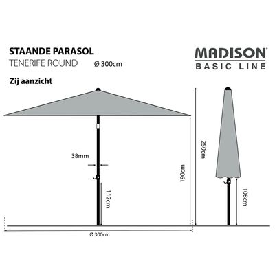 Madison Parasol ogrodowy Tenerife, 300 cm, okrągły, szary