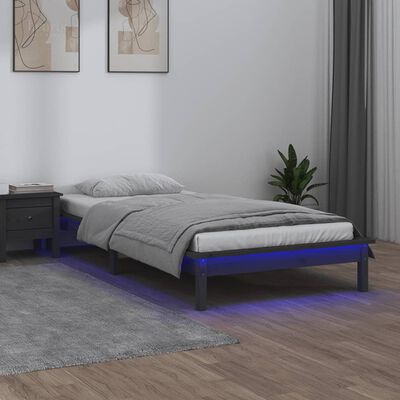 vidaXL Rama łóżka z LED, szara, 75x190 cm, pojedyncza, lite drewno