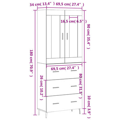 vidaXL Witrynka, szarość betonu 69,5x34x180 cm materiał drewnopochodny