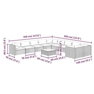 vidaXL 11-cz. ogrodowy zestaw wypoczynkowy, poduszki, rattan PE, szary