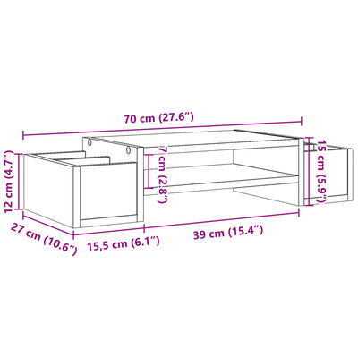 vidaXL Podstawka pod monitor, z przegrodami, brązowy dąb, 70x27x15 cm