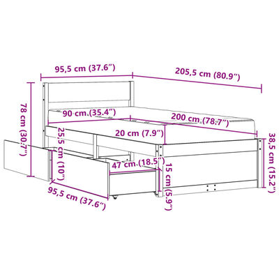 vidaXL Łóżko z szufladami i materacem, 90x200 cm, lite drewno sosnowe