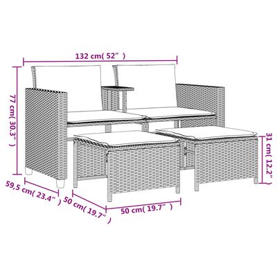 vidaXL 2-os. sofa ogrodowa ze stolikiem i stołkami, beżowa, polirattan