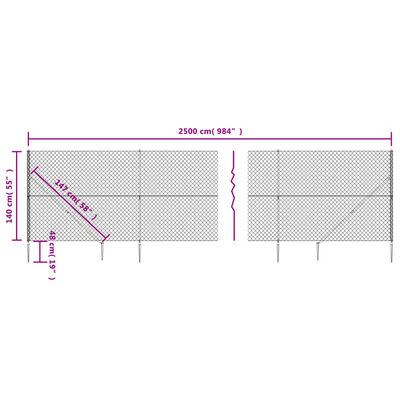 vidaXL Ogrodzenie z siatki, z kotwami, srebrne, 1,4x25 m