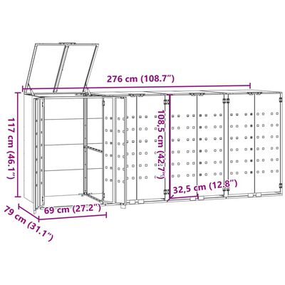 vidaXL Obudowa na 4 kosze na śmieci, szara, 276x79x117 cm, stal