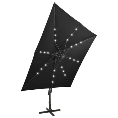 vidaXL Parasol wiszący z lampkami LED i słupkiem, 300 cm, czarny