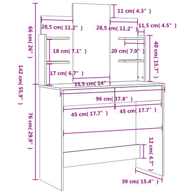 vidaXL Toaletka z lustrem, biała, 96x39x142 cm