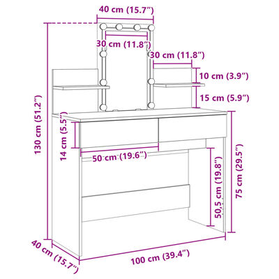 vidaXL Toaletka z oświetleniem LED, brązowy dąb, 100x40x130 cm