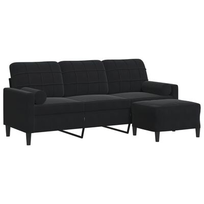 vidaXL 3-osobowa sofa z podnóżkiem, czarna, 180 cm, aksamit