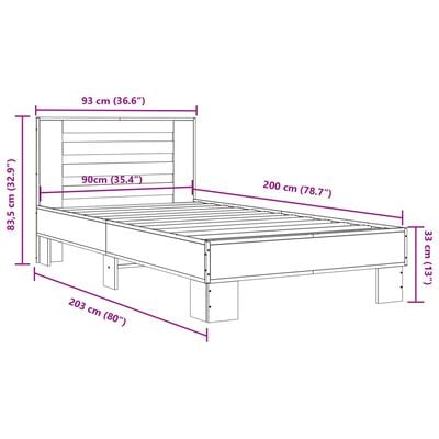 vidaXL Rama łóżka, czarna, 90x200 cm, materiał drewnopochodny i metal