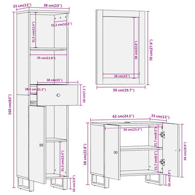 vidaXL 3-cz. zestaw mebli łazienkowych, brązowo-czarny, drewno mango