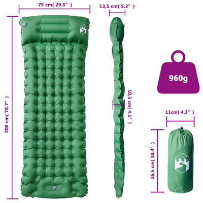 vidaXL Materac samopompujący z poduszką, 1-osobowy, zielony