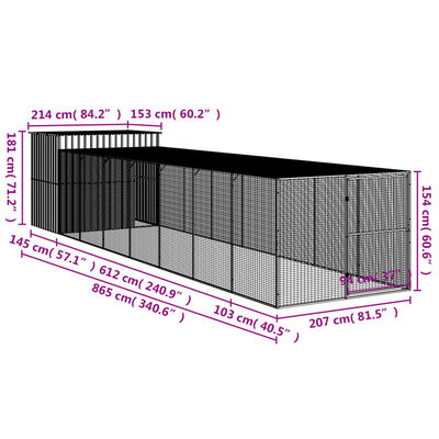 vidaXL Buda dla psa, z wybiegiem, jasnoszara, 214x865x181 cm, stal