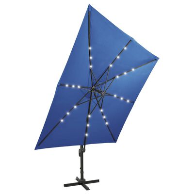 vidaXL Parasol wiszący z LED i słupkiem, niebieski, 300 cm