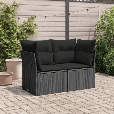 vidaXL Sofa ogrodowa z poduszkami, 2-osobowa, czarna, polirattan