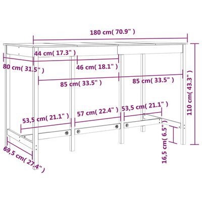 vidaXL Stolik barowy, biały, 180x80x110 cm, lite drewno sosnowe