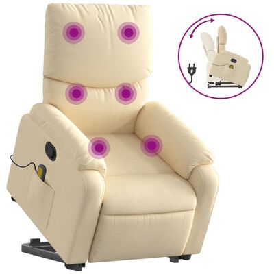 vidaXL Podnoszony fotel masujący, rozkładany, kremowy, obity tkaniną