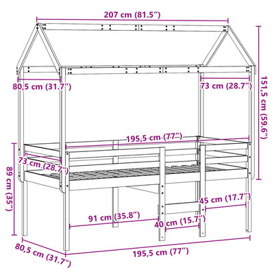 vidaXL Wysokie łóżko z dachem, białe, 75x190 cm, lite drewno sosnowe