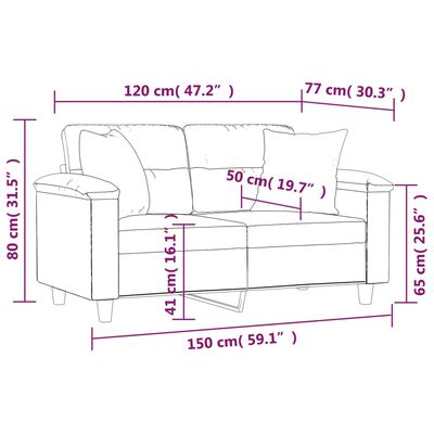 vidaXL 2-osobowa sofa z poduszkami, jasnoszara, 120 cm, mikrofibra