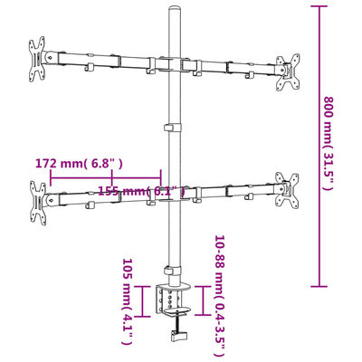 vidaXL Stojak na monitory, czarny, stalowy, VESA 75/100 mm
