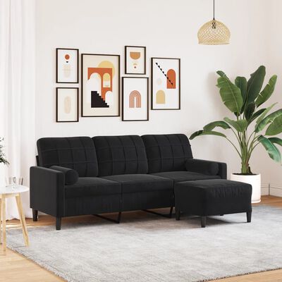 vidaXL 3-osobowa sofa z podnóżkiem, czarna, 180 cm, aksamit