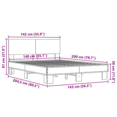 vidaXL Rama łóżka, brązowy dąb, 140x200 cm, materiał drewnopochodny