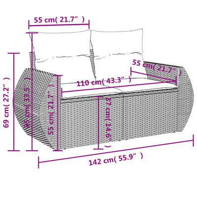 vidaXL Sofa ogrodowa z poduszkami, 2-osobowa, czarna, polirattan