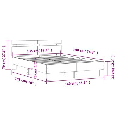 vidaXL Rama łóżka z wezgłowiem i LED, brązowy dąb, 135x190 cm