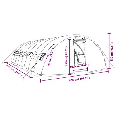 vidaXL Szklarnia ze stalową ramą, zielona, 40 m², 8x5x2,3 m