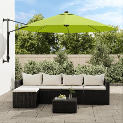 vidaXL Ścienny parasol ogrodowy z LED, zielony, 290 cm