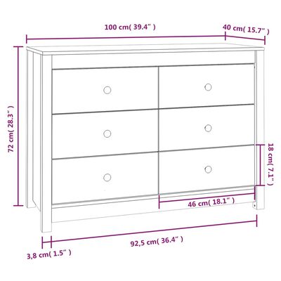 vidaXL Komoda, biały, 100x40x72 cm, lite drewno sosnowe