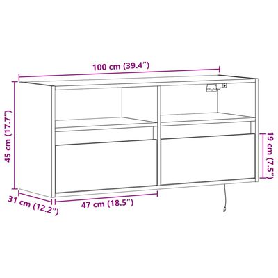 vidaXL Ścienna szafka TV z LED, brązowy dąb, 100x31x45 cm