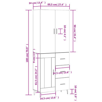 vidaXL Witrynka przydymiony dąb 69,5x34x180 cm materiał drewnopochodny