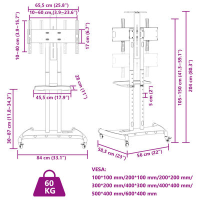 vidaXL Stojak na kółkach na TV 32-70'', VESA maks. 600x400 mm, 60 kg